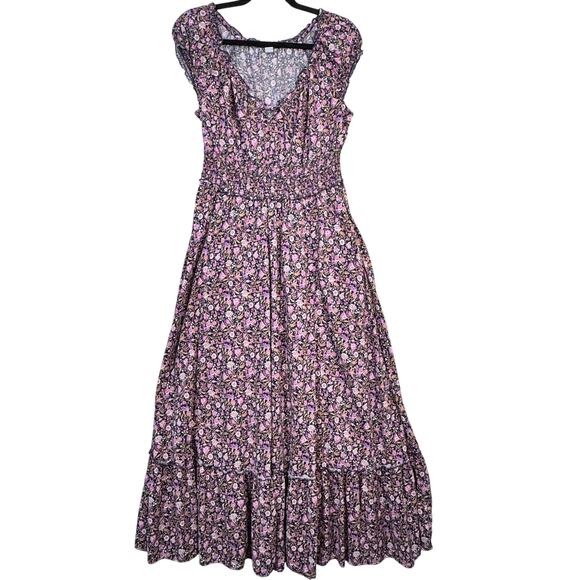 Old Navy Waist-Defined Short-Sleeve Floral Peasant Tiered Dress Size Medium Tall - Picture 1 of 9